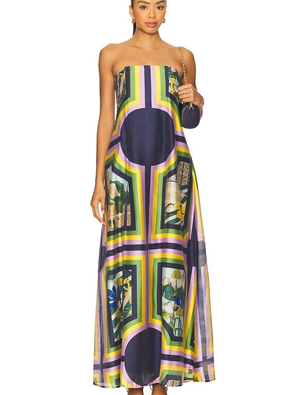 MUMA World Strapless Printed Maxi Dress in Navy, Green & Purple- looking glass